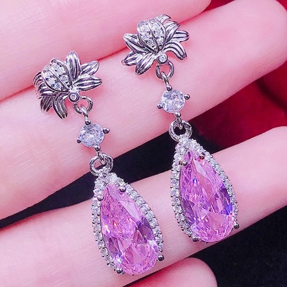 "925 Silver Pear Cut Flower Shaped Pink Earrings for Women, FB16FA1040 - Picture 1 of 2